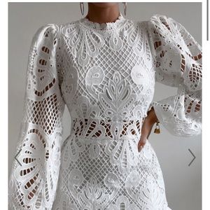 (XS) KISS ME NOW MINI DRESS - LONG PUFF SLEEVE DRESS IN WHITE LACE SHOWPO